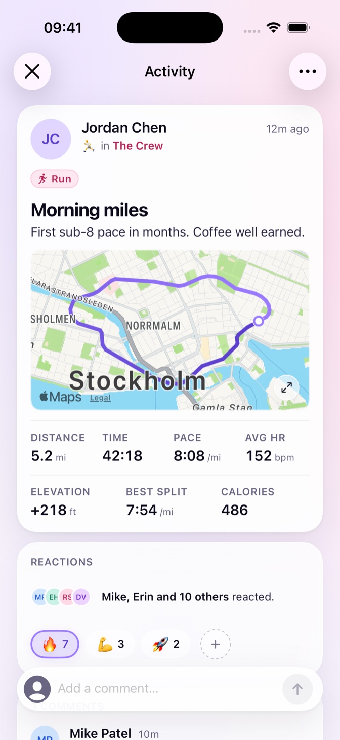 A workout post with reactions and comments