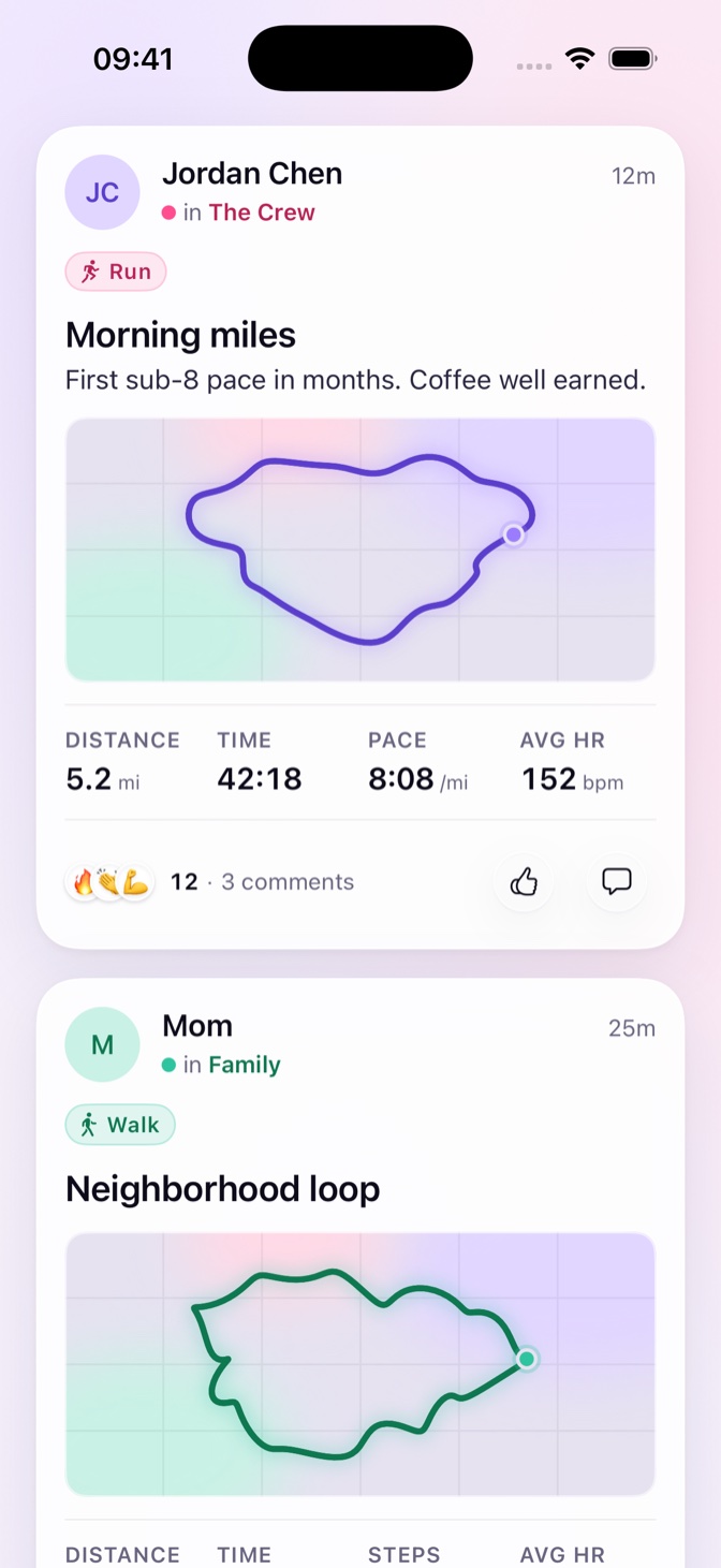 The Feed tab — friends' workouts in one private feed
